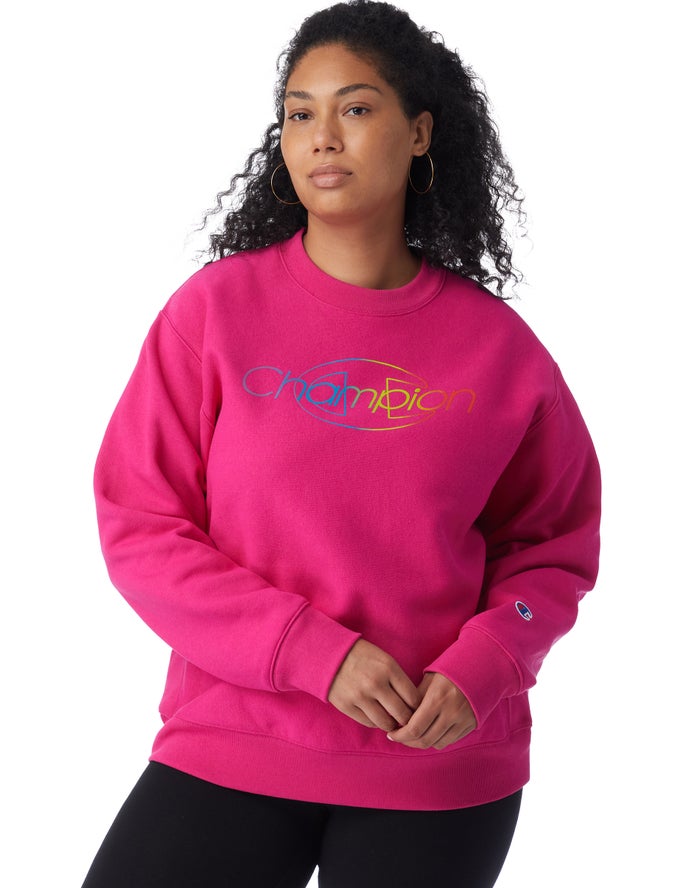 Champion Sweatshirt Dames - Roze - Plus Reverse Weave Crew Rainbow Logo ( 091237-QJW )